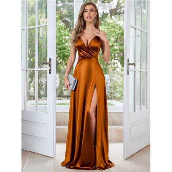 Vintage 1950's Style Surplice Neck Split Thigh Formal Elegant Prom Dress - Picture 4 of 7